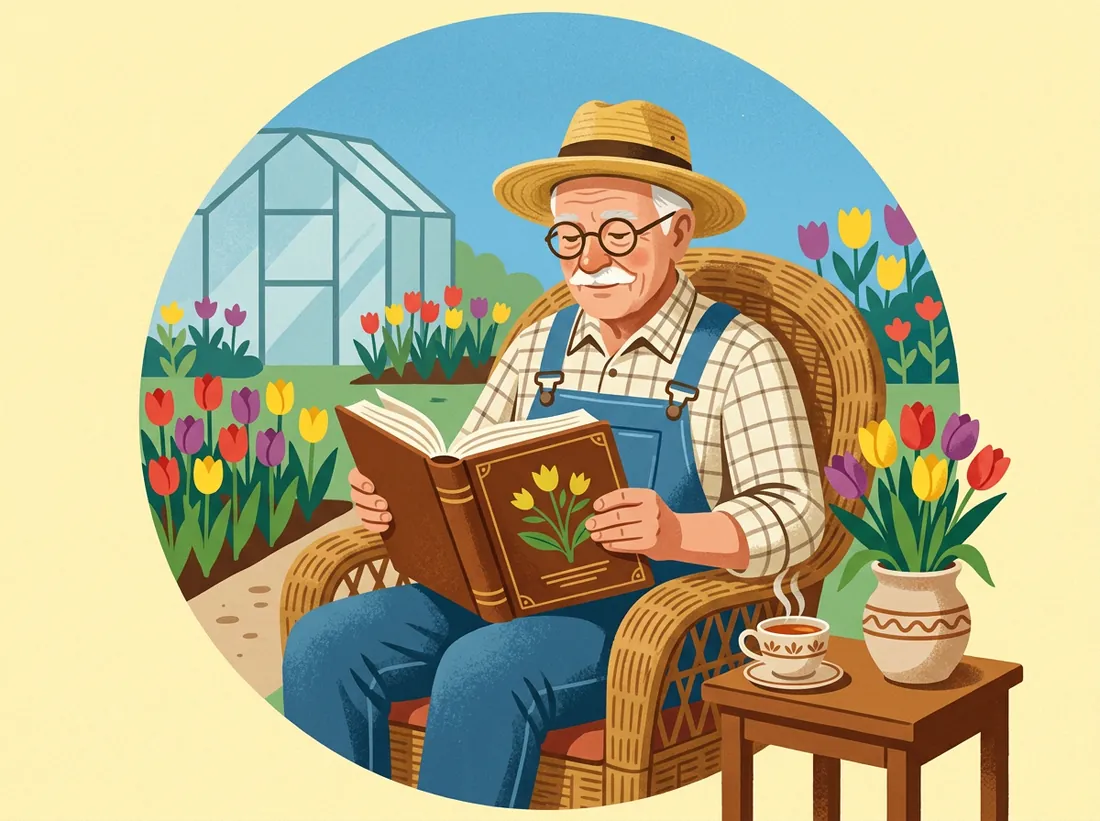 Садовник читает большую книгу в кресле среди тюльпанов